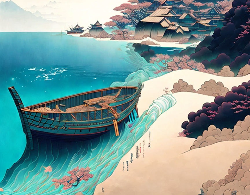 Stylized illustration of ancient Asian village by the sea