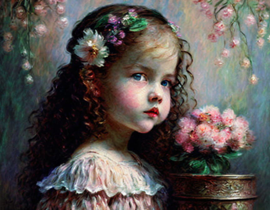 Portrait of young girl with curly hair and flowers, pink bouquet in background