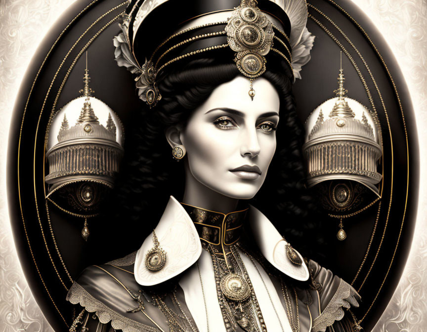 Monochromatic digital art of regal woman with ornate headdress and uniform