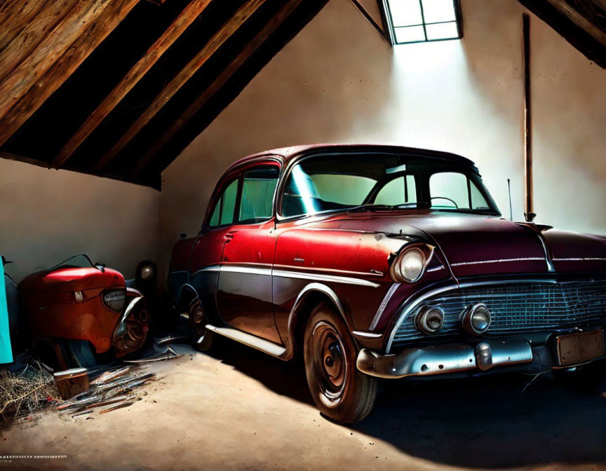 Classic Red and White Cars in Dusty Attic Scene