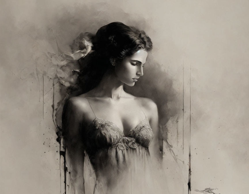 Monochrome artistic portrait of contemplative woman with smoky effect