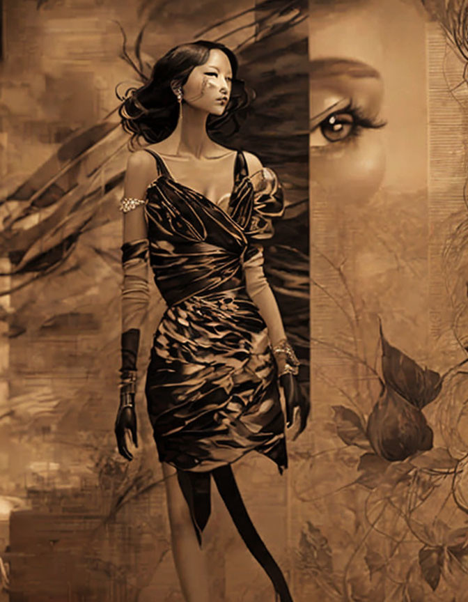 Sepia-toned image of elegant woman in patterned dress with closed eyes and eye backdrop.