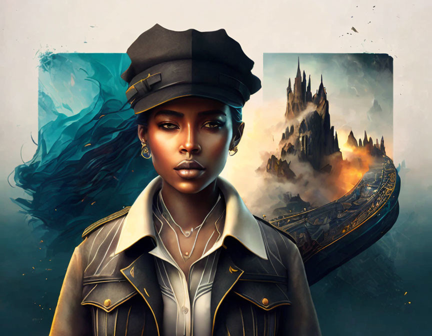 Digital artwork: Woman in beret and jacket with fantastical castle and fiery pathway