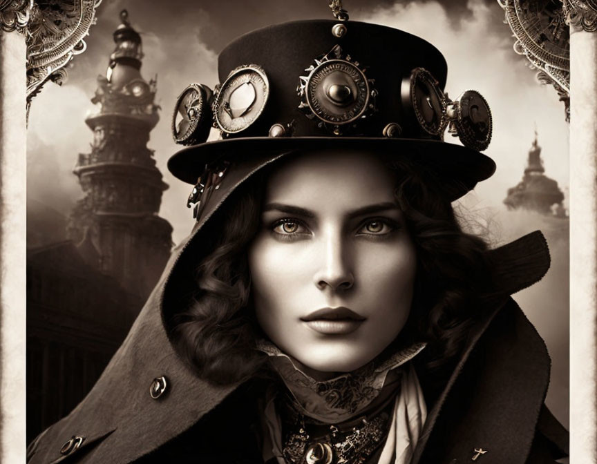 Sepia-Toned Portrait of Woman in Steampunk Hat and Goggles