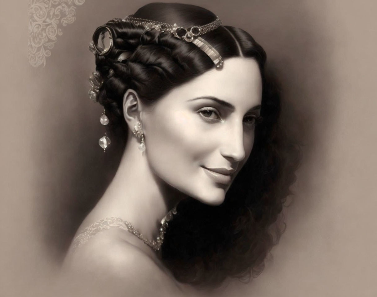 Monochrome portrait of woman with elegant updo and jeweled accessories