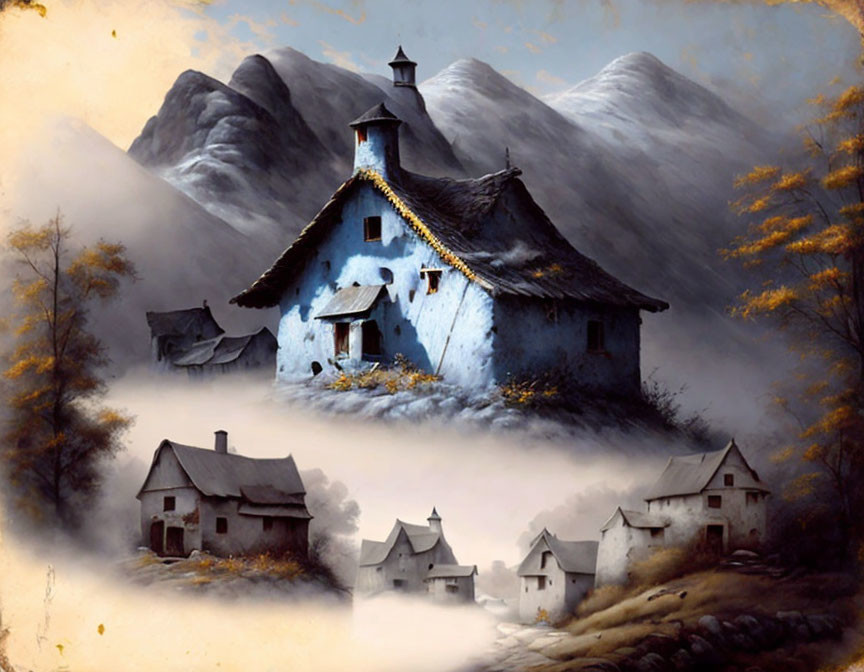 Scenic village with blue-roofed houses in misty mountain setting