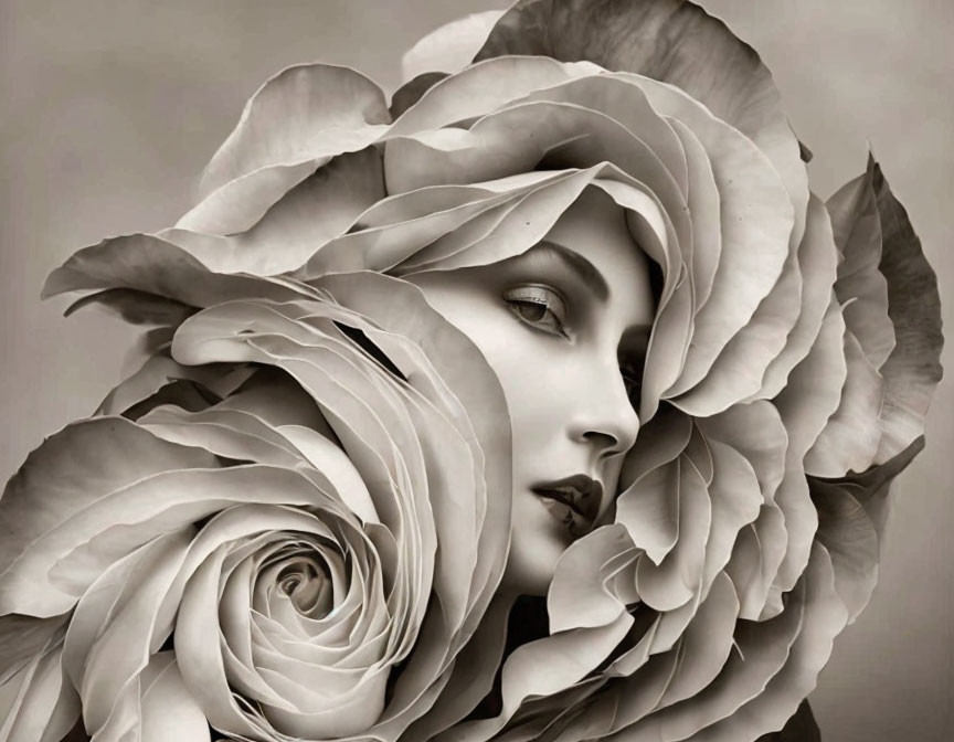 Monochrome art: Woman's face merges with rose petals in surreal composition