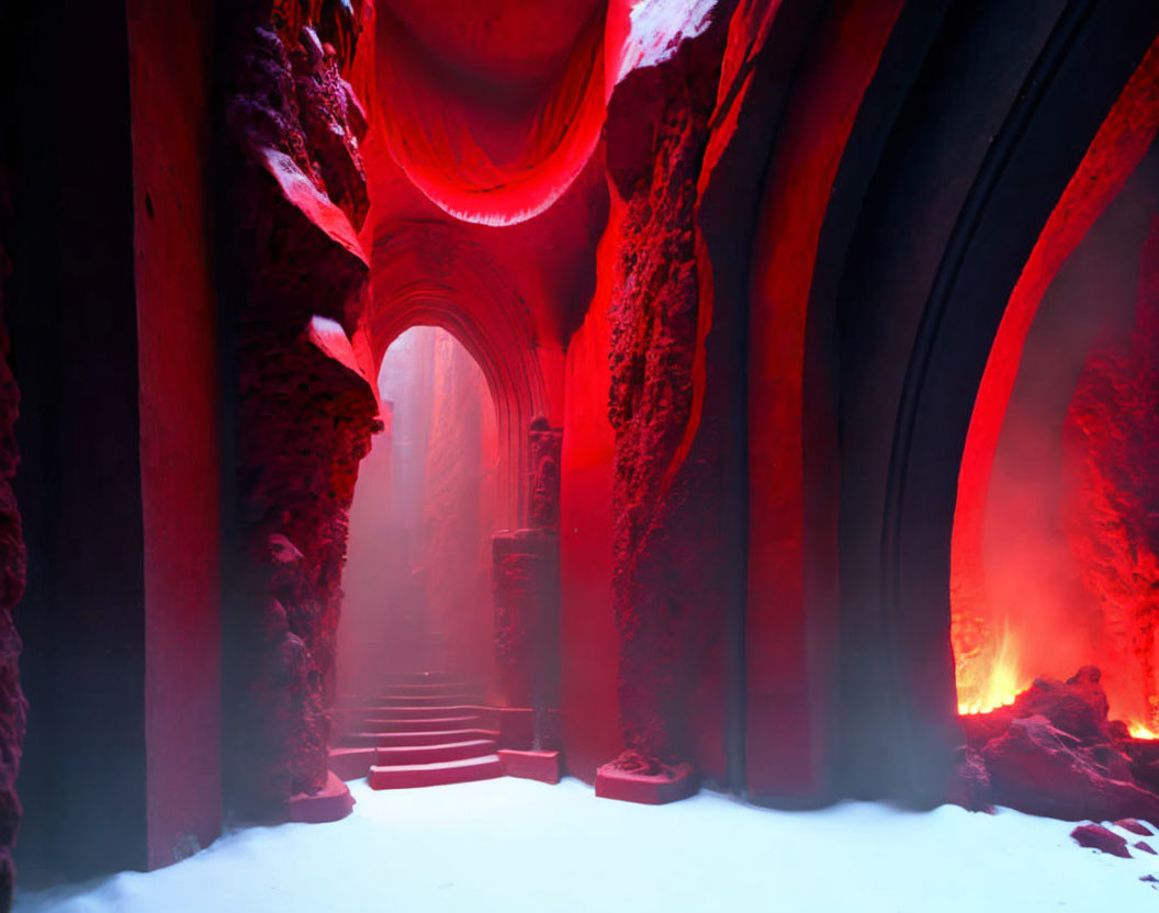 Surreal red-lit cavern with arched walls and glowing side chamber