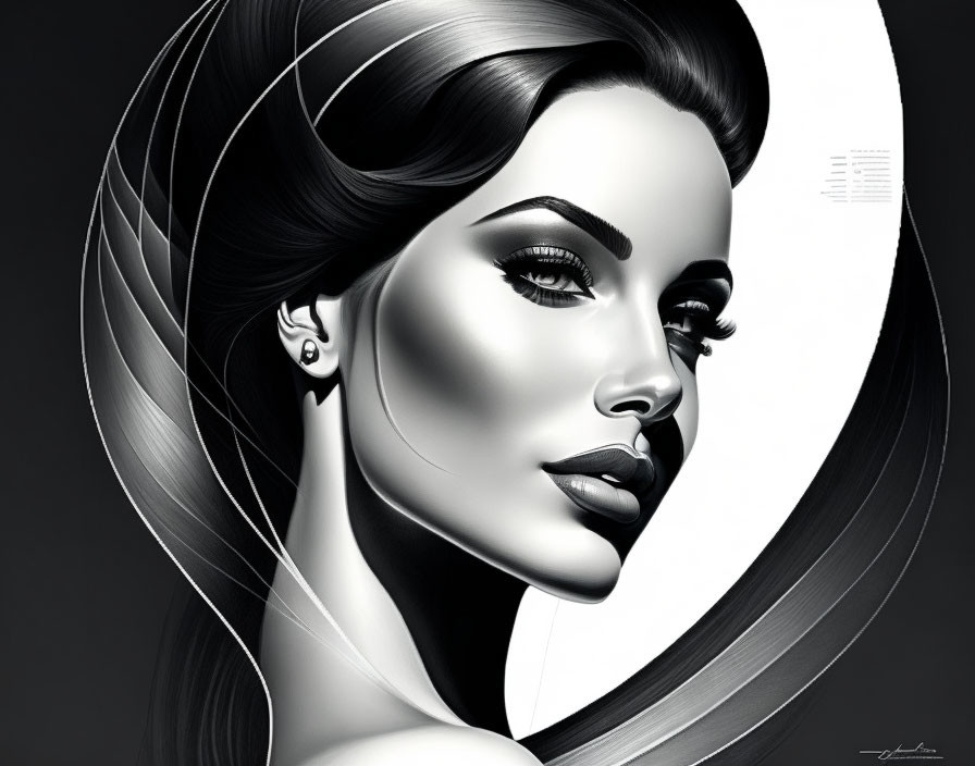 Monochromatic digital portrait of a woman with striking features and flowing hair