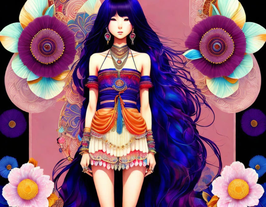 Anime-style illustration: Girl with long blue hair in colorful attire, surrounded by stylized flowers on pink