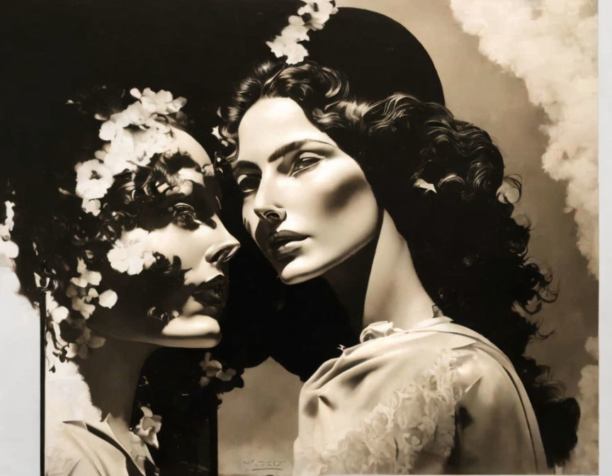 Vintage sepia image: Two women with flowers in hair, sharing a romantic gaze