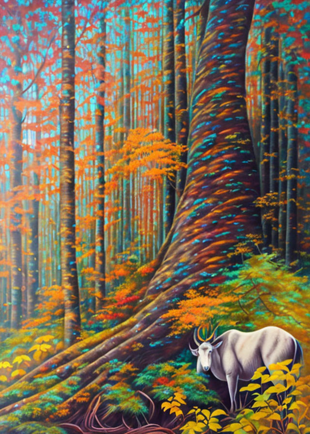 Colorful autumn forest painting with white bull and blue trees