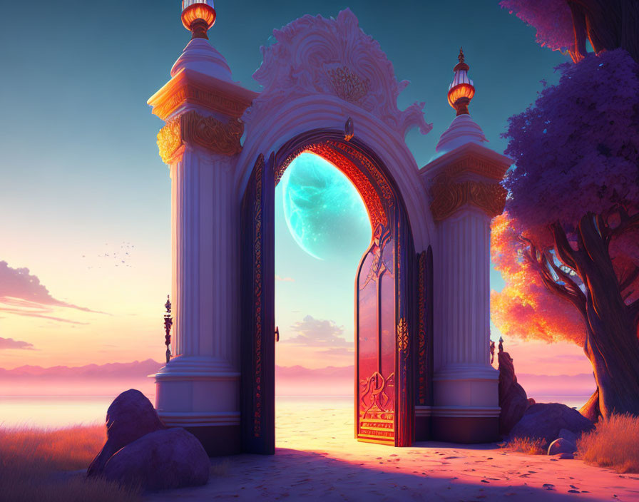 Ornate magical gate reveals blue moon and surreal sunset with purple and orange trees