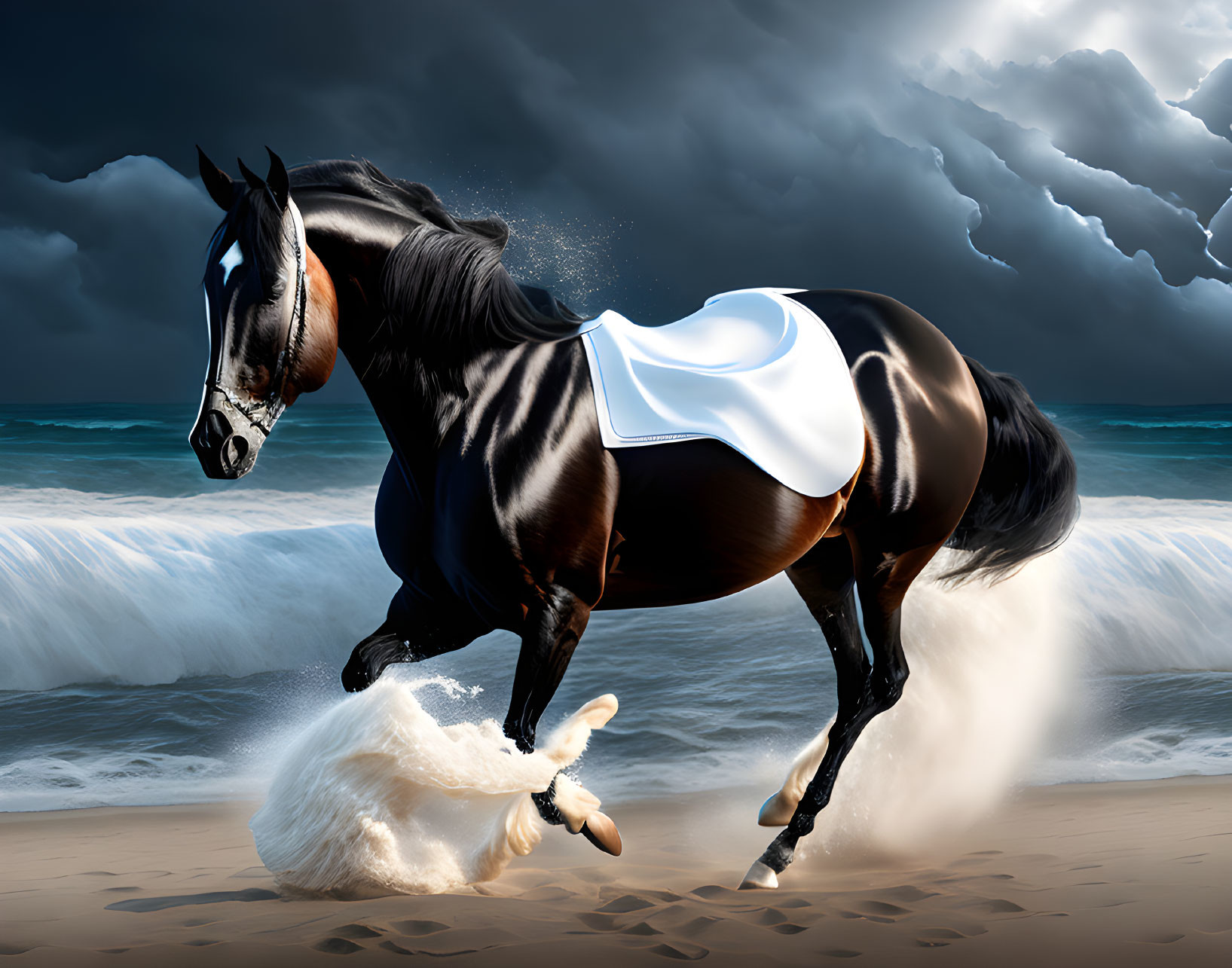 Black horse with white saddle gallops on beach under stormy sky