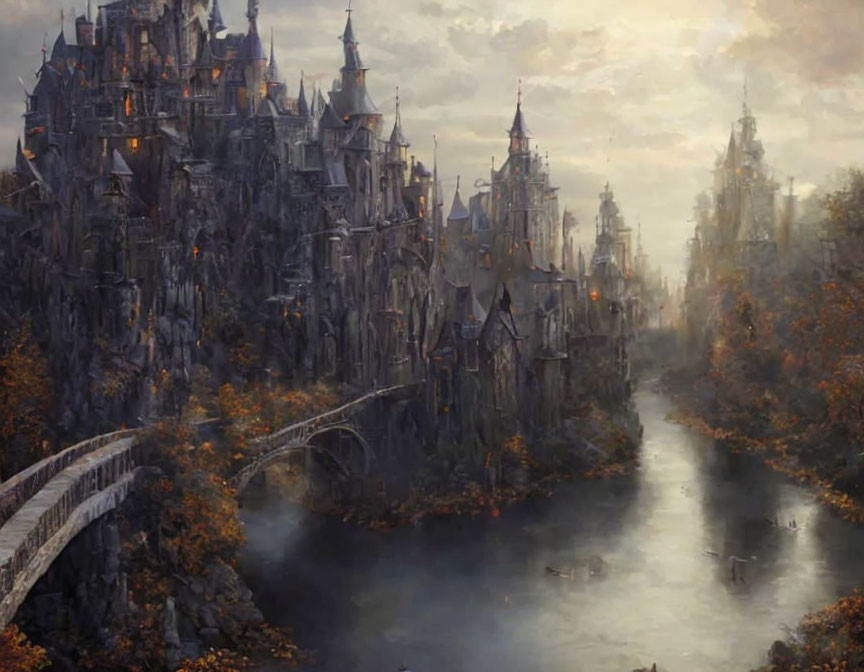 Mystical city with towering spires and castles amidst autumn-hued trees