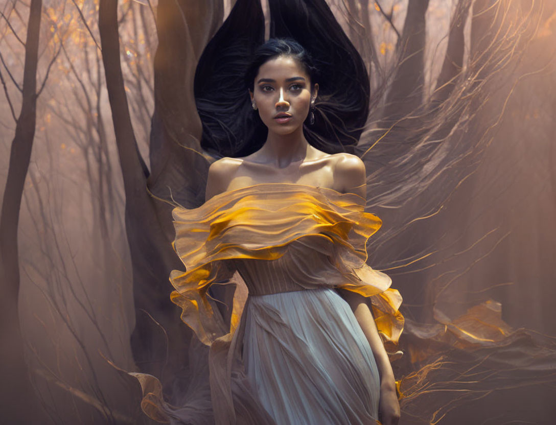 Woman in flowing dress in misty forest with surreal ambiance