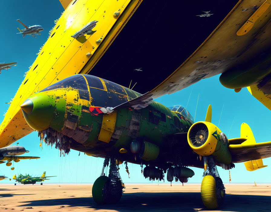 Weathered green and yellow military airplane with other aircraft in sky