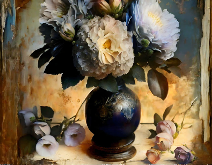 Bouquet of flowers in dark blue vase on textured backdrop