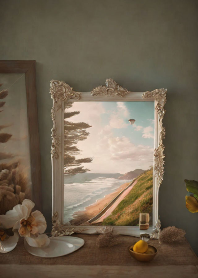 Ornate frame showcasing coastal landscape painting on table with flowers and vial