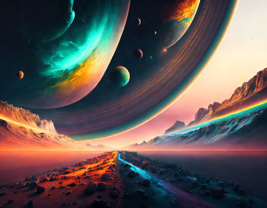 Colorful sci-fi landscape with river, rocky terrain, and celestial sky