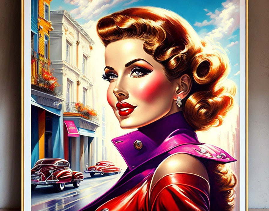 Vintage Style Illustration of Glamorous Woman with Wavy Hair and Red Lipstick in Purple Jacket on