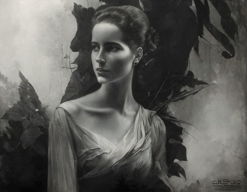 Serene woman portrait in monochromatic tones with shadowy foliage and signature.