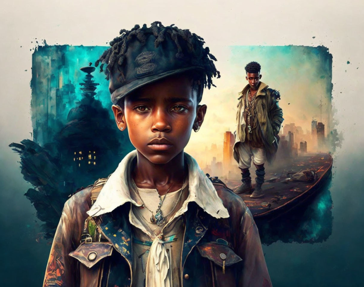 Digital artwork: Young boy and man with boat in dystopian setting