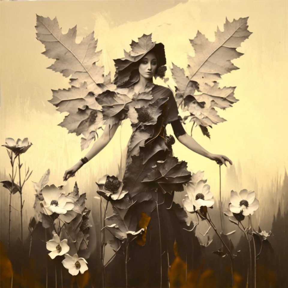 Sepia-Toned Image: Woman with Leaf Dress and Wings among Flowers