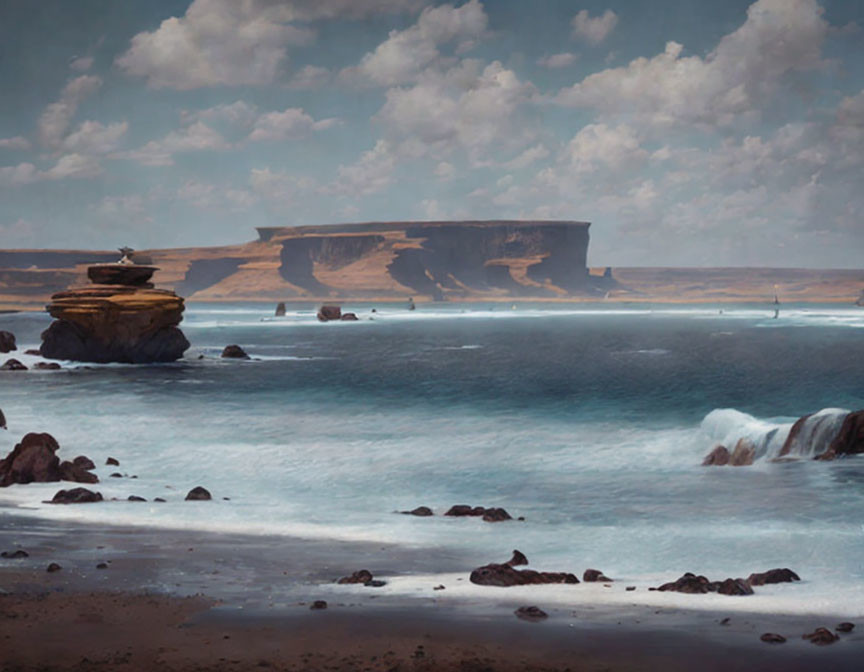 Rocky shore, flat-topped landforms, hazy sky coastal landscape.