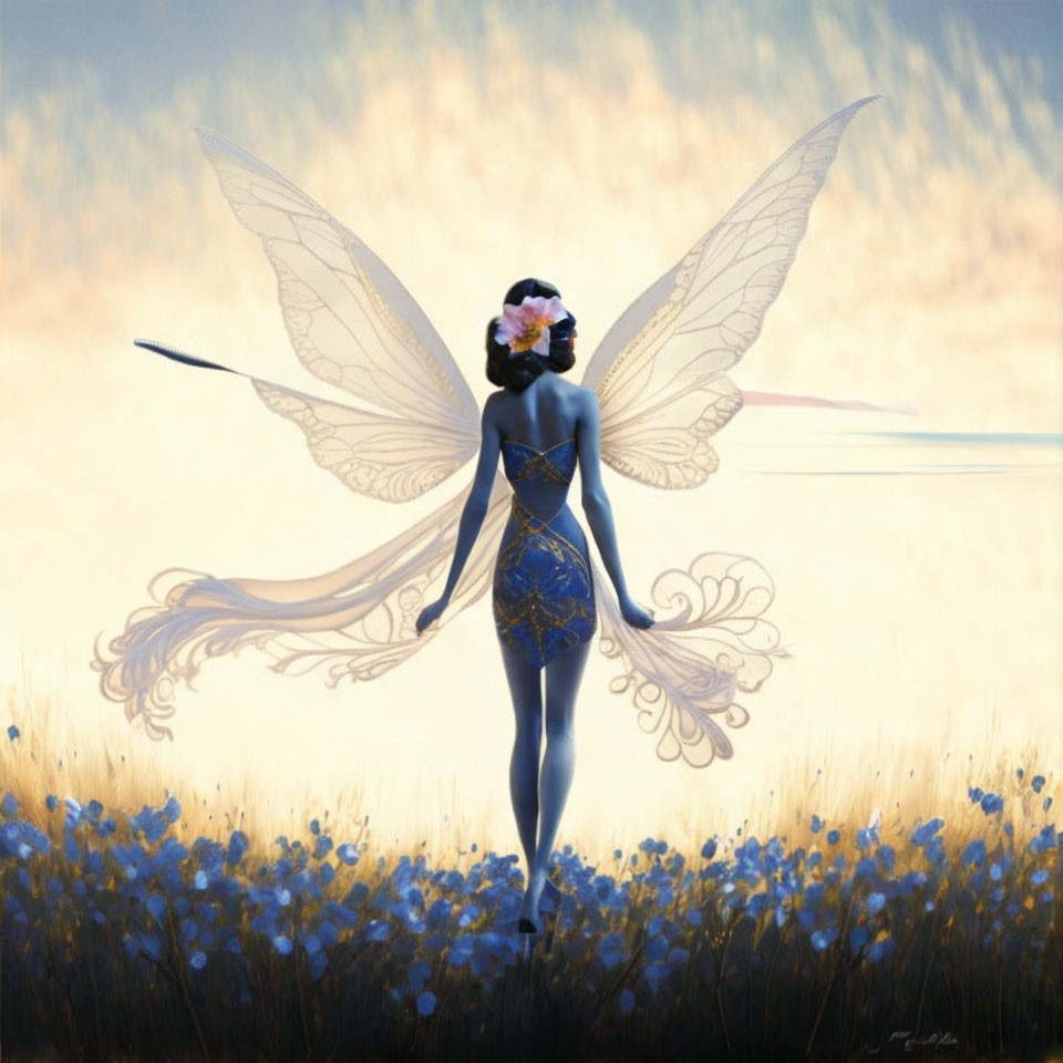 Delicate fairy with wings in flower field at dusk