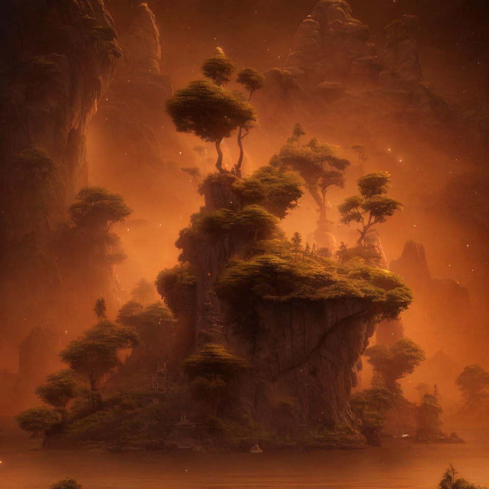 Mystical landscape with towering rock pillars and lush trees in warm amber light