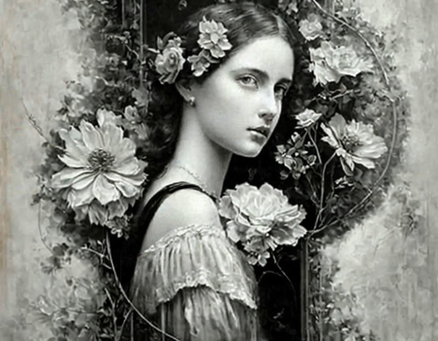 Monochrome art of young woman with flowers in hair and flora surroundings