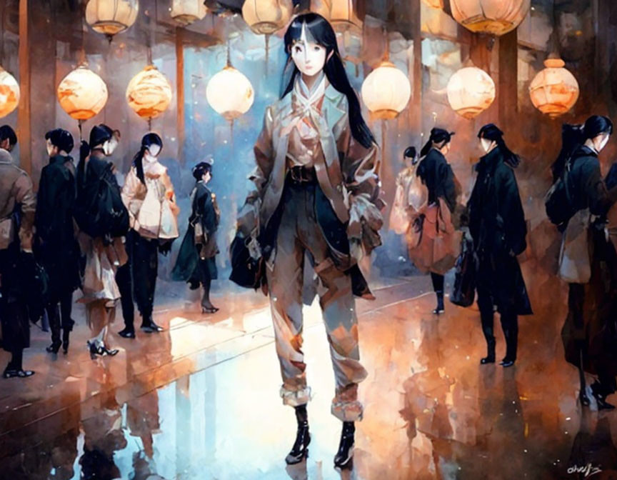 Vintage-clad woman in bustling crowd under glowing lanterns with dreamy watercolor scene