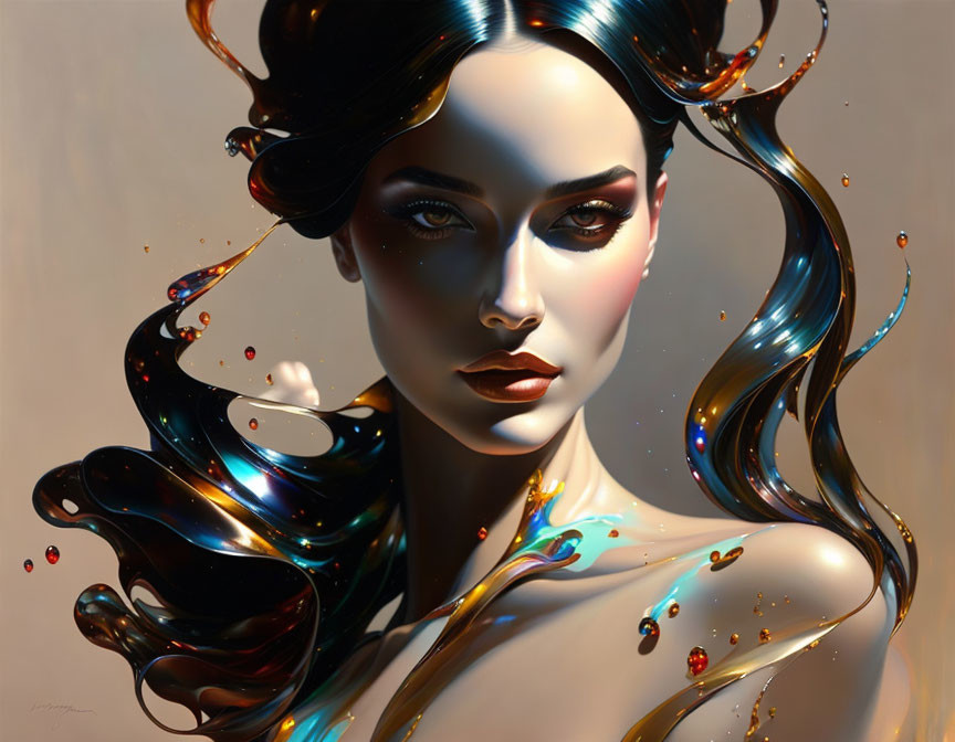 Colorful liquid-like ribbons swirling around woman with flowing hair