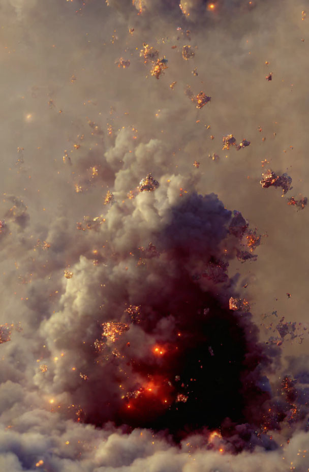 Explosive fire and smoke against cloudy sky backdrop