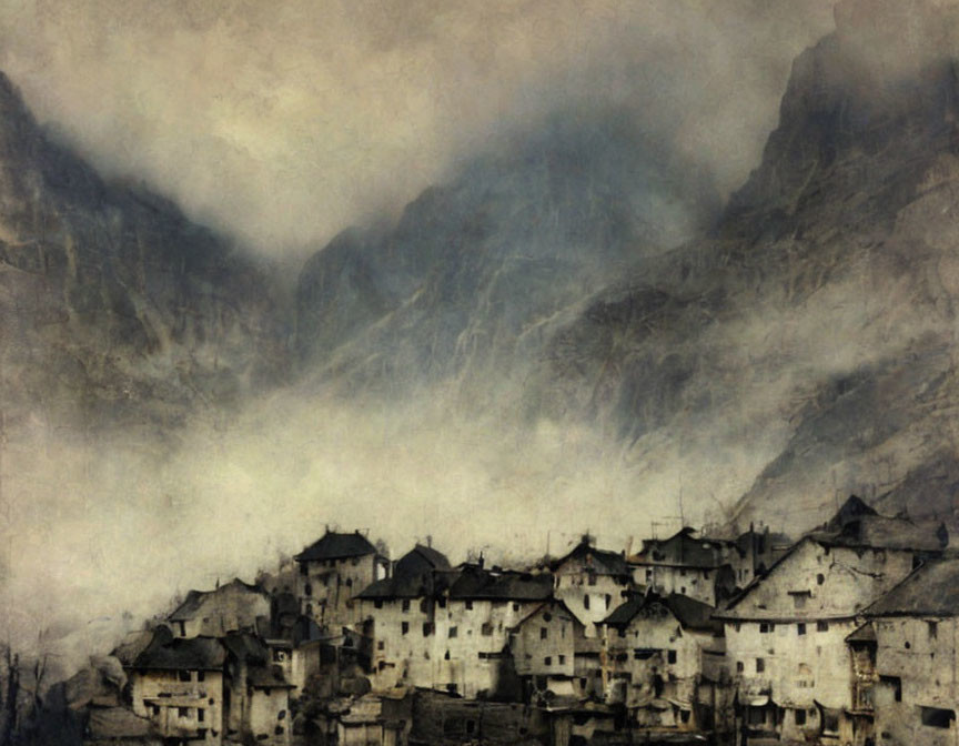 Misty village at base of foggy mountains