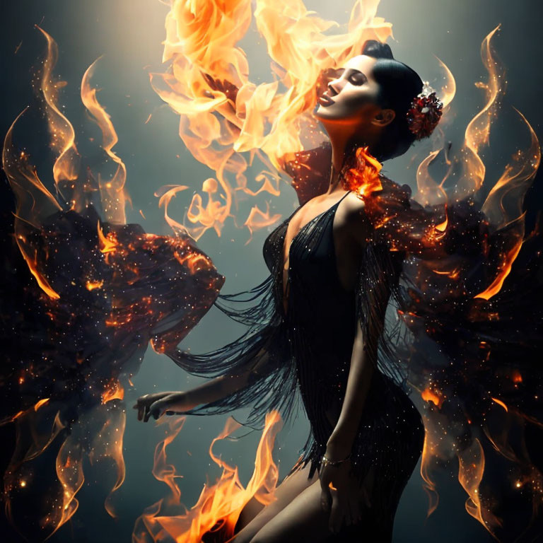 Woman in Dark Dress Surrounded by Fiery Elements