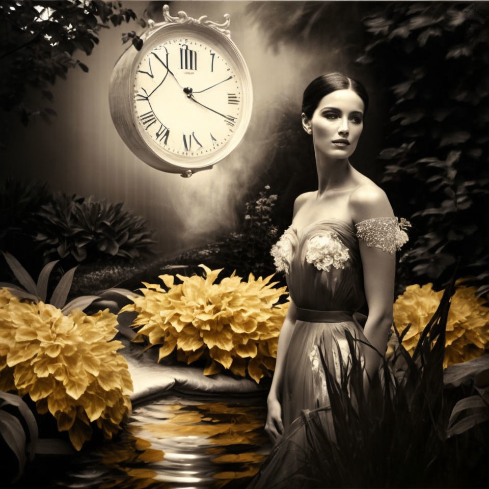 Sepia-Toned Fantasy Image of Woman by Stream with Clock and Flowers