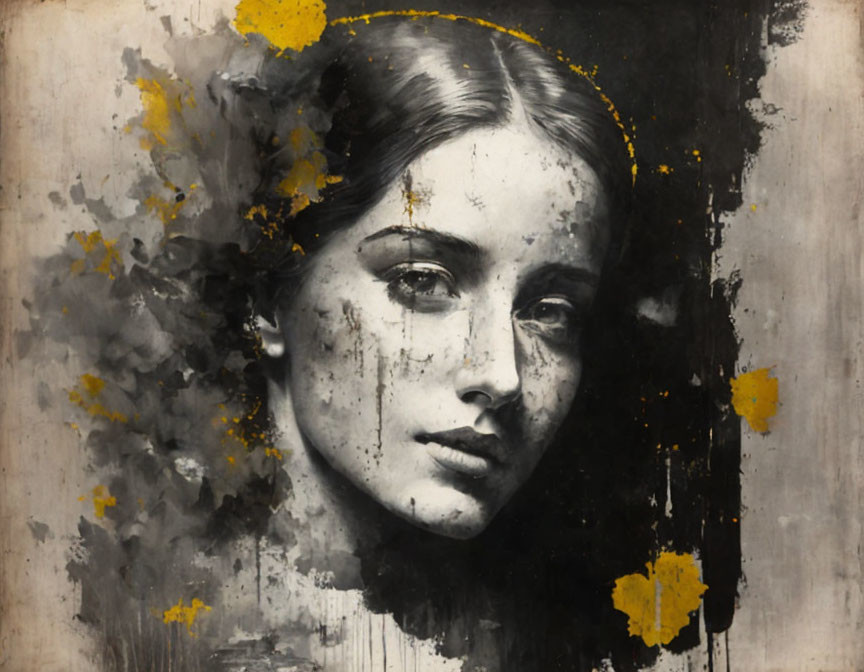 Monochromatic portrait of a woman with yellow paint splashes and textural decay elements