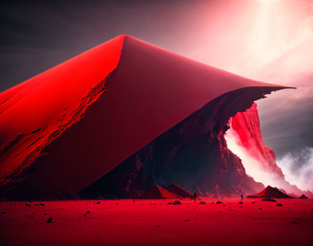 Red-tinted surreal desert landscape with massive smooth dune against dark sky.