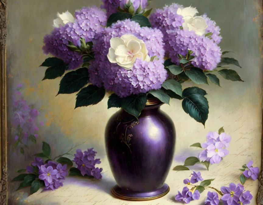 Classic Still Life Painting: Purple Hydrangeas and White Roses in Vase