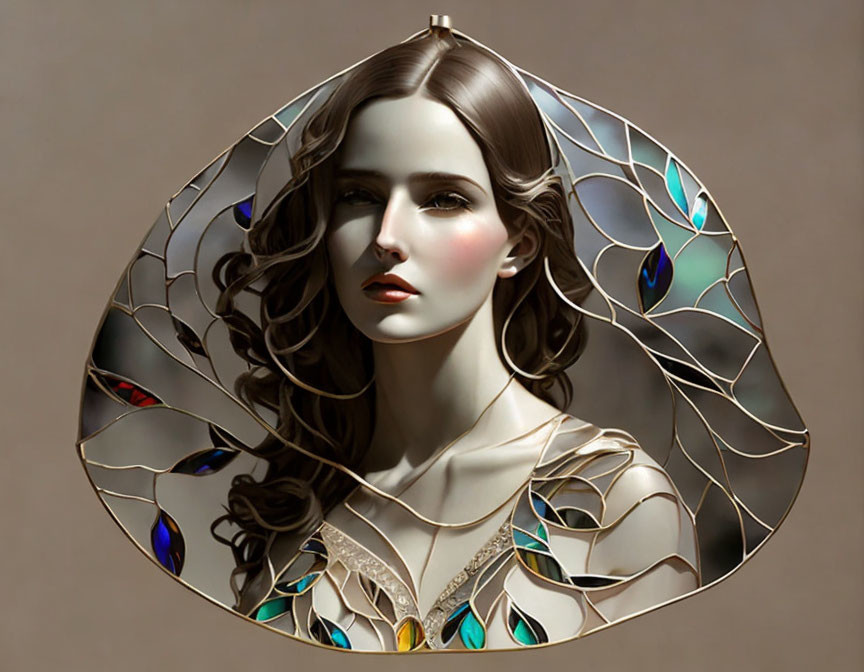 Illustrated portrait of woman with stained glass and leaf motifs in iridescent jewel tones