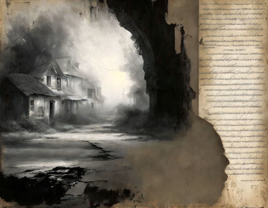 Sepia-Toned Artwork: Moody Street Scene with Cursive Handwriting