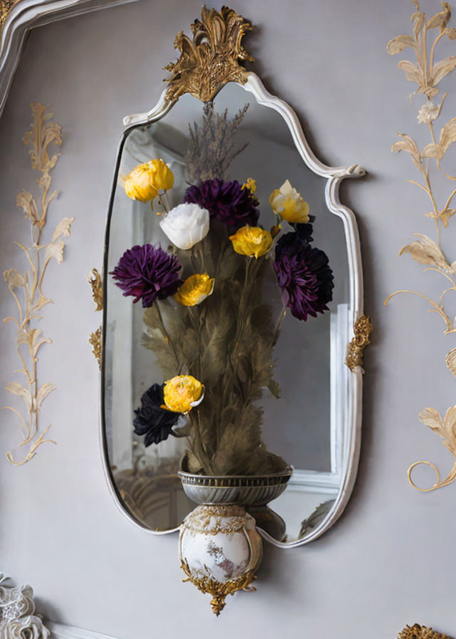 Vintage mirror reflecting colorful vase and flowers on gray wall with golden floral patterns