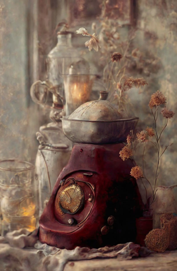 Rustic stove with vintage kettle, clock, dried flowers, and teacups