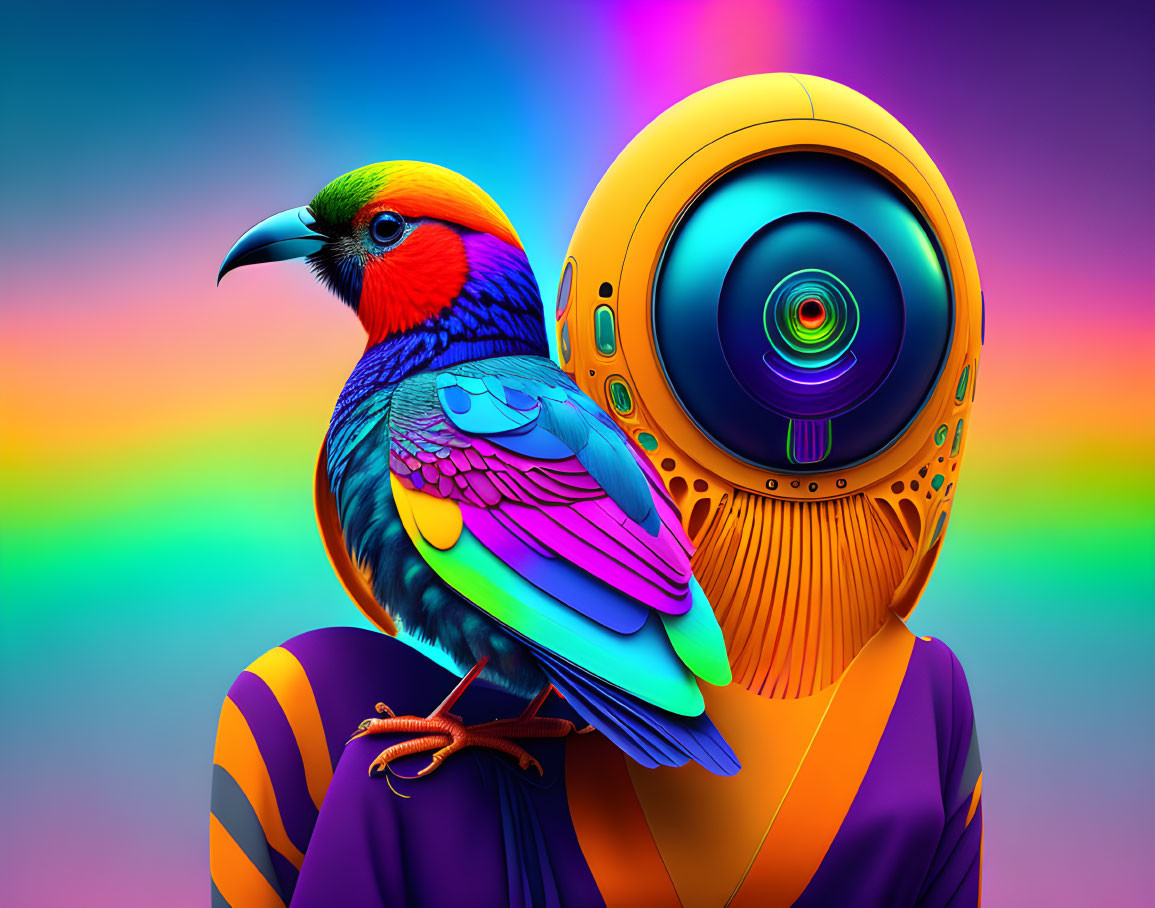 Colorful Bird Perched on Robotic Figure Against Rainbow Background