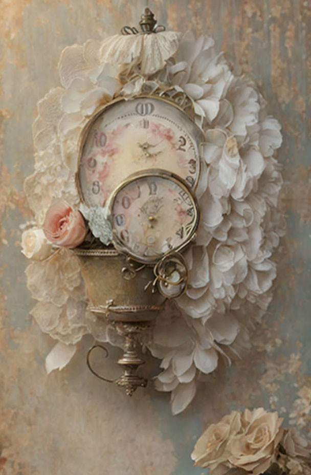 Vintage Pocket Watch with Lace, Pink Rose, and White Petals Background