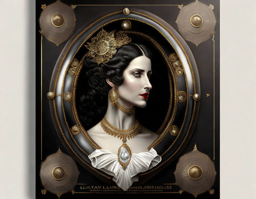 Portrait of Woman with Pale Skin, Dark Hair, Red Lipstick, and Golden Jewelry on Ornate