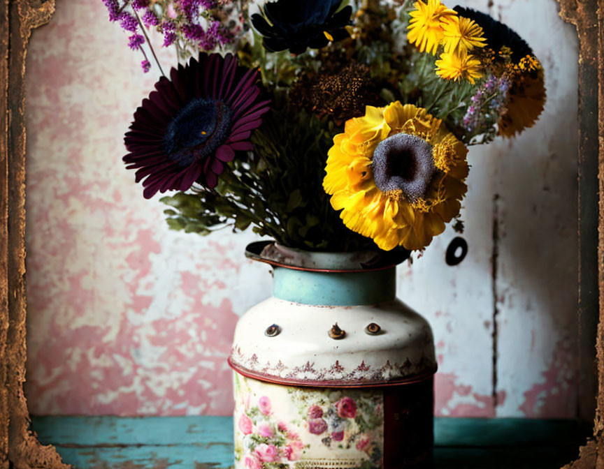 Rustic sunflower and wildflower arrangement in vintage milk can