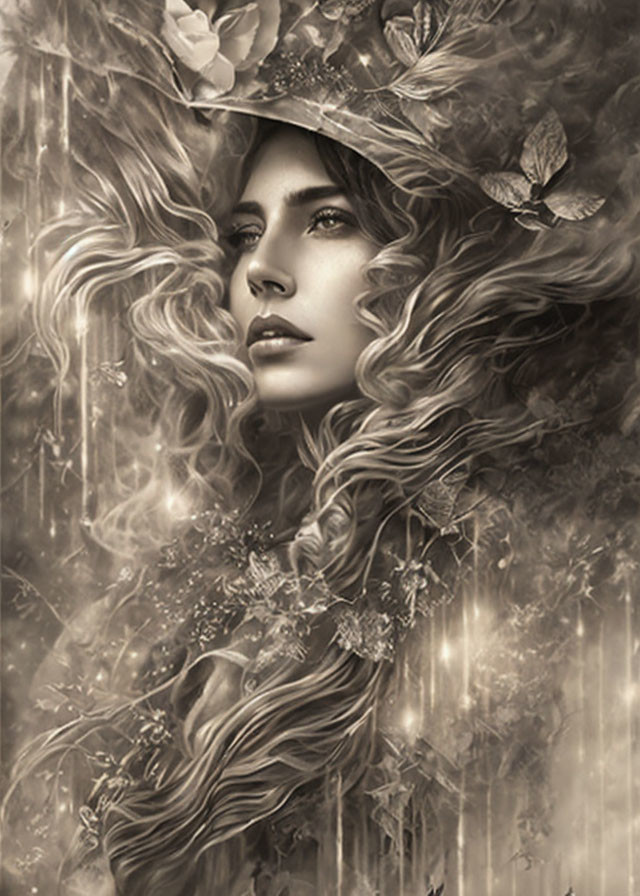 Monochromatic digital artwork of woman with flowing floral hair